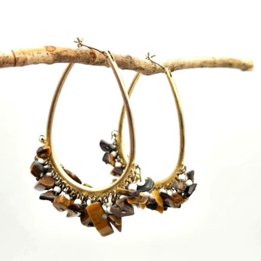 Goldtone Hoop Earrings with‎ Tigers Eye Chips and White Seed Bead Fringe